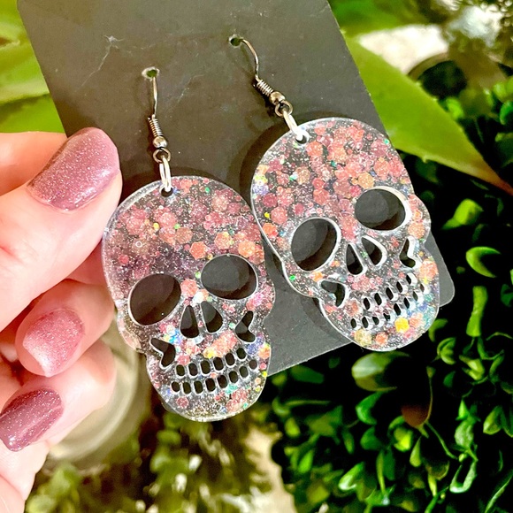 Clear Sparkle Skull Earrings - Picture 2 of 3